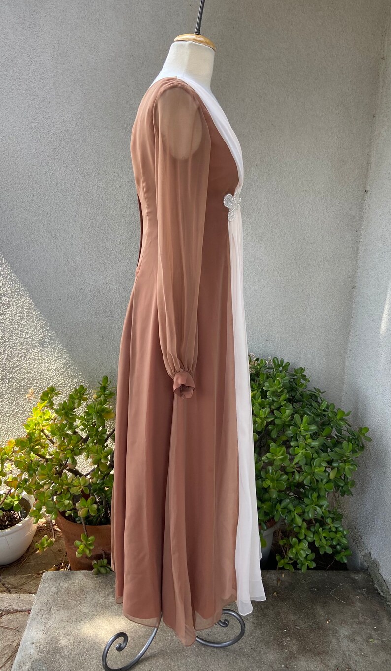 Vintage 1970s maxi sheer chiffon dress soft brown and cream with bodice beaded embellishment 8 Sm Emma Domb California image 4