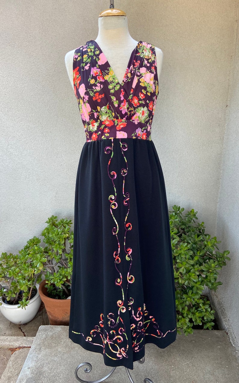 Vintage custom made boho maxi dress black with floral multi colors braid accents sz Medium. image 1