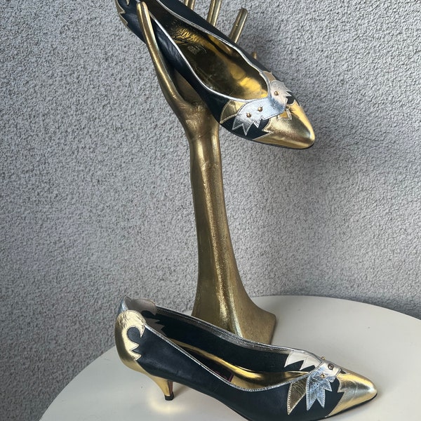 Vintage New Wave pumps shoes heels metallic leather silver gold black Sz 5.5M by Frankie & Baby Beverly Feldman