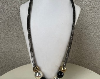 Vintage negrita moderna plata negro bronce tonos collar cadena enrollada cuentas redondas por efm