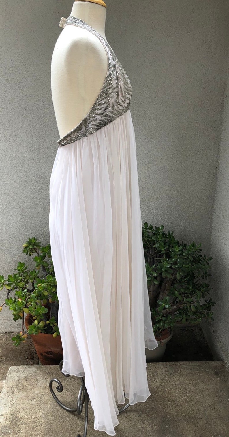 Vintage elegant halter maxi gown ivory chiffon sliver beaded bodice Sz XS Victoria Royal Ltd of Hong Kong China image 3