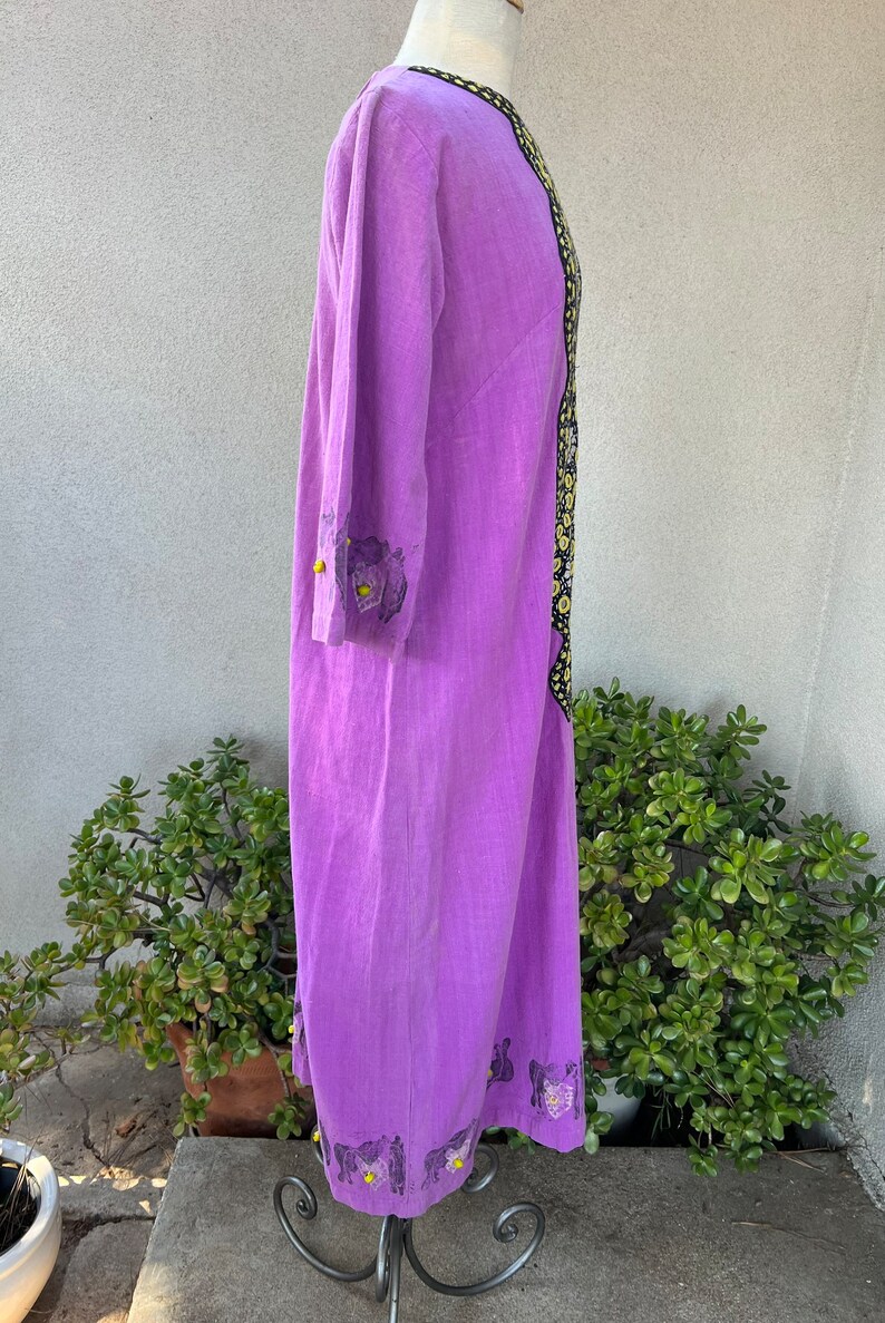 Vintage 60s hippie maxi kaftan purple cotton with mirror embroidery beads sz S/M by Y.M. Garments image 4