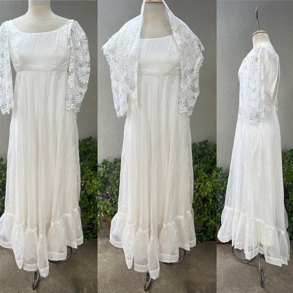 Vintage white Maxi boho chiffon dress beaded with… - image 1