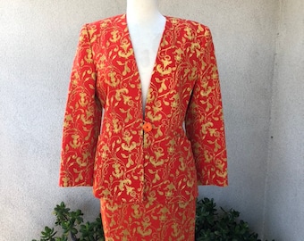 Vintage High Fashion orange gold print suit jacket skirt by electre Paris France Sz 40 Small/Medium.