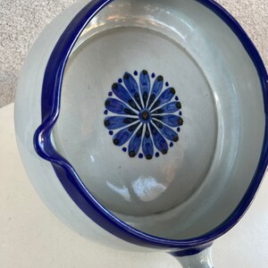 Vintage Ken Edwards large pottery soup bowl with handle blue flower accents size 8.5 x 3.5 image 10