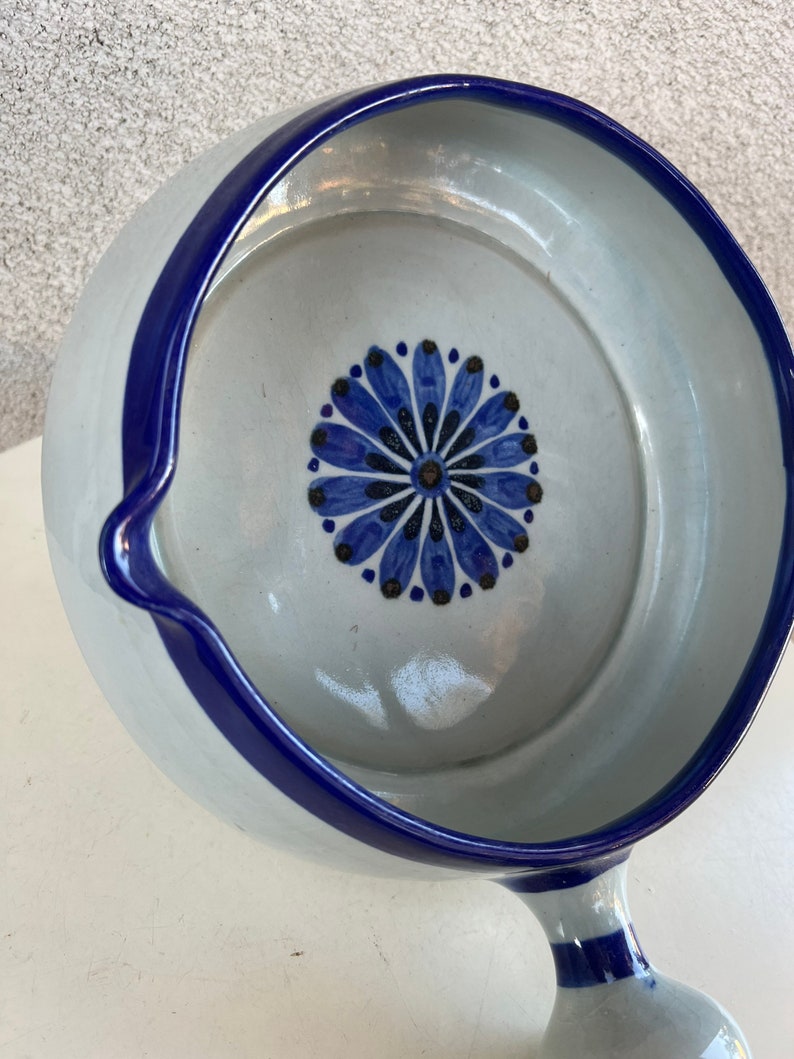 Vintage Ken Edwards large pottery soup bowl with handle blue flower accents size 8.5 x 3.5 image 10