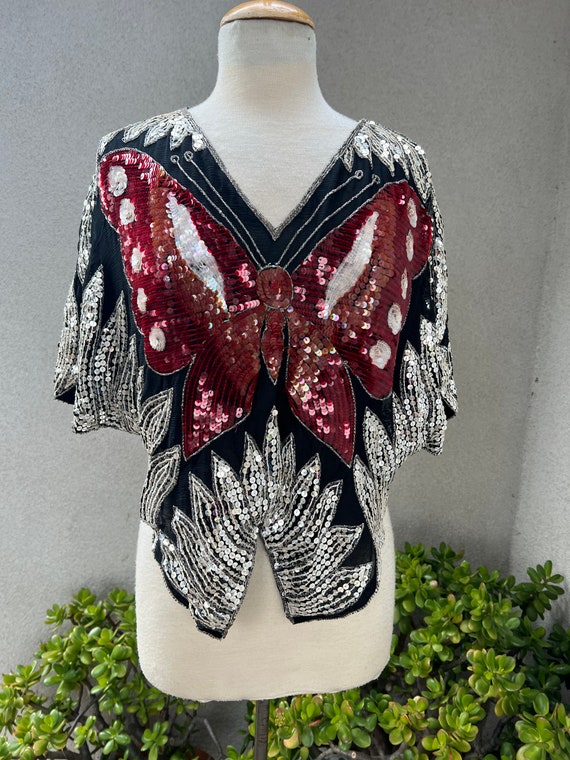 Vintage glam sequins butterfly top silver black r… - image 7