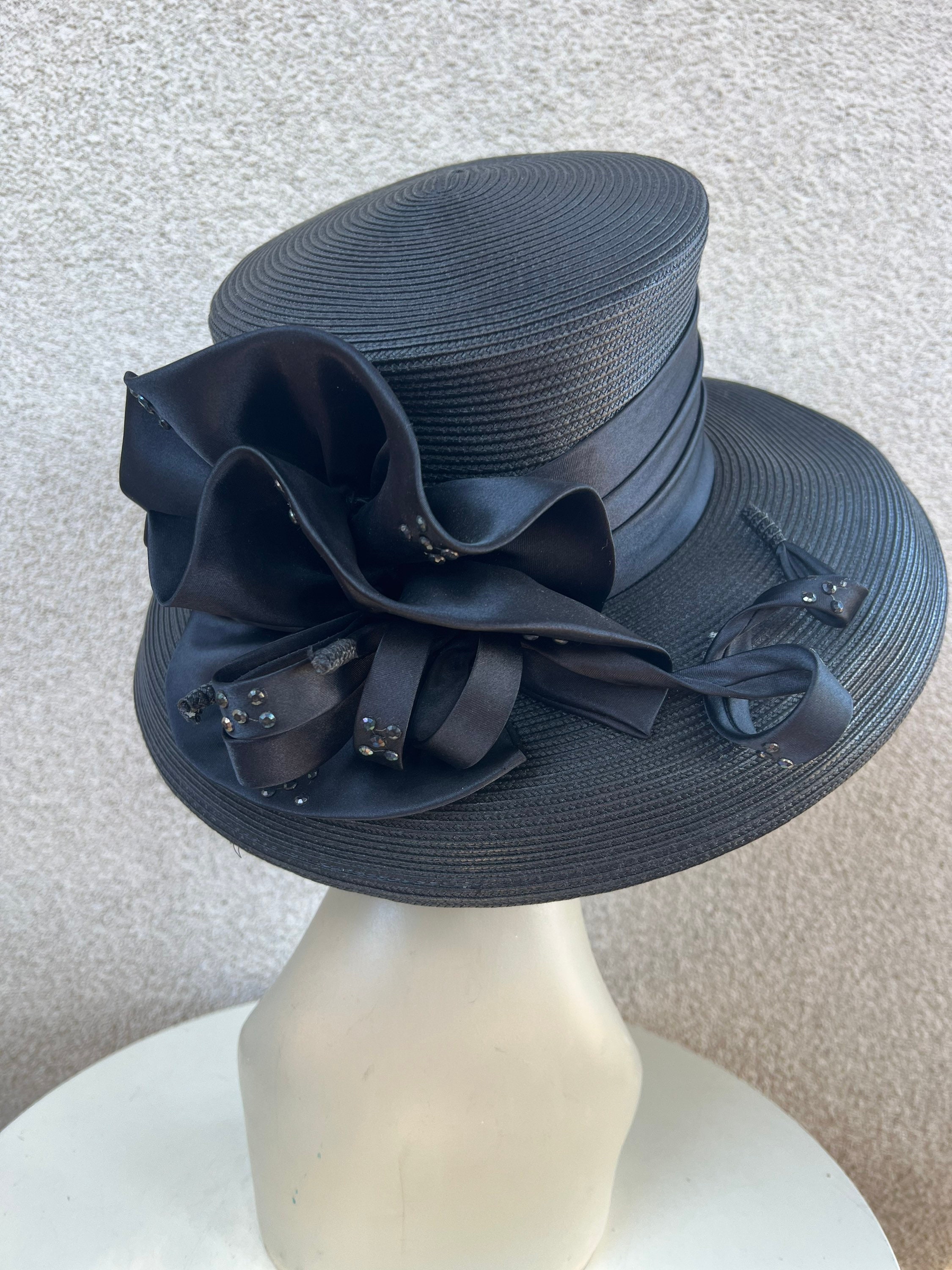 Deborah Black Women’s Vintage Hat With Sheer Bow & Lace Embellishments Deborah New York Hat - Etsy main image 3