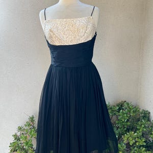 Vintage 60s Black Chiffon Cocktail Dress: Beaded Bodice, Sz XS