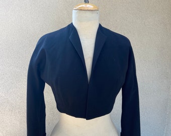 Vintage elegant bolero black jacket olive color lining by I. Magnin Importers sz XS/S