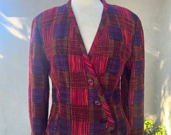 Vintage custom made jacket hand woven knit satin lining multicolor sz M