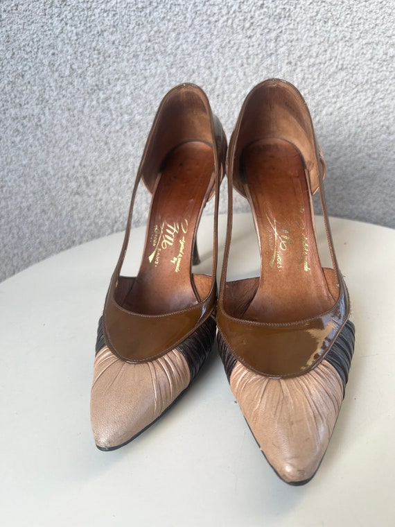 Vintage 1950s stilettos heel shoes brown taupe to… - image 5