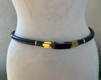 Vintage Black Leather Belt w/ Gold Rope Buckle – Statement Waist Belt S Women main image 4