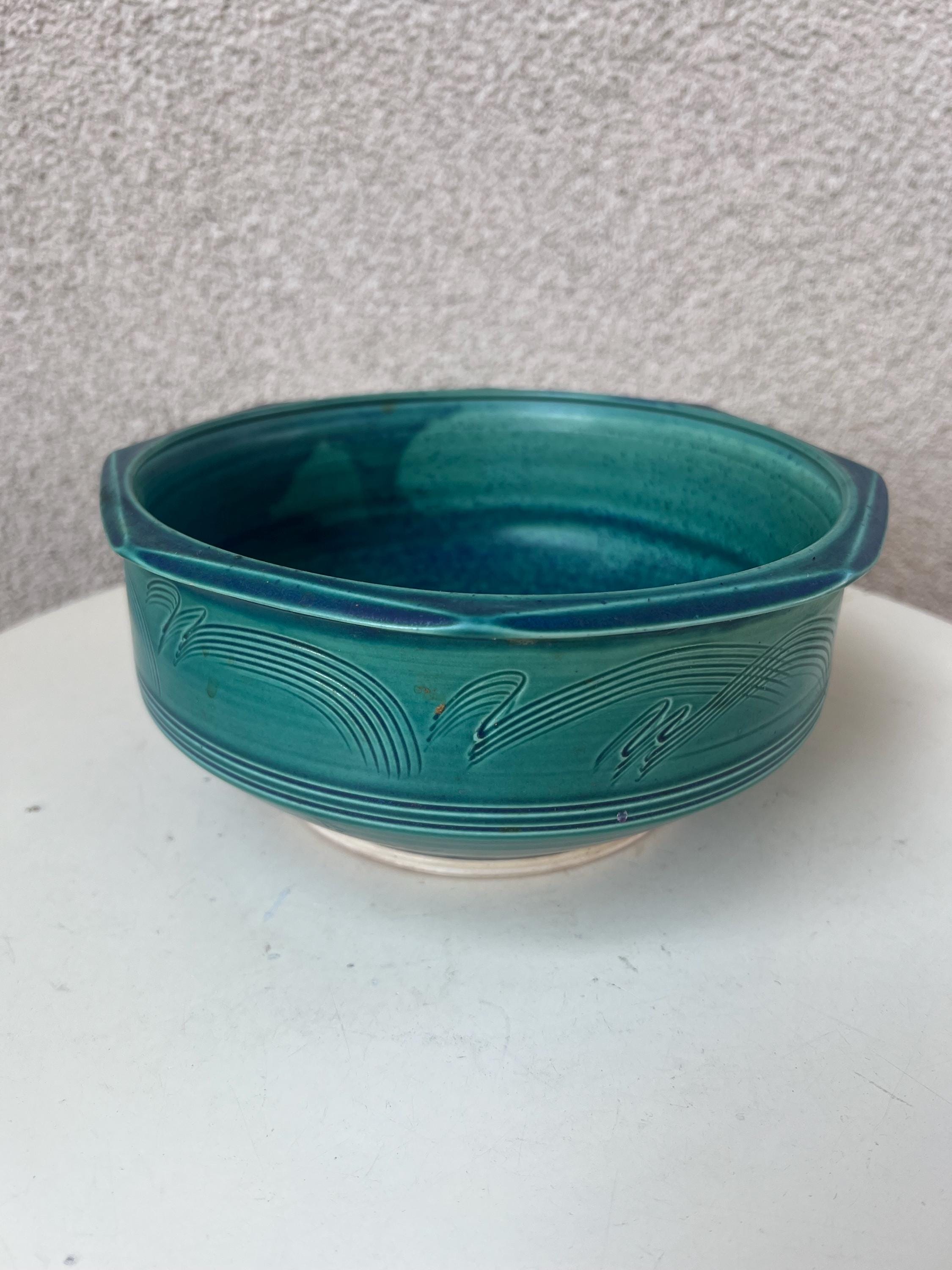 Vintage 2005 Studio Art Pottery Bowl Blues etched signed By Peter C Vallez 9” X 4”