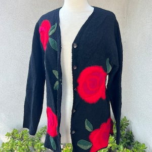 Vintage Susan Bristol boho wool cardigan black with red flowers Sz S image 8