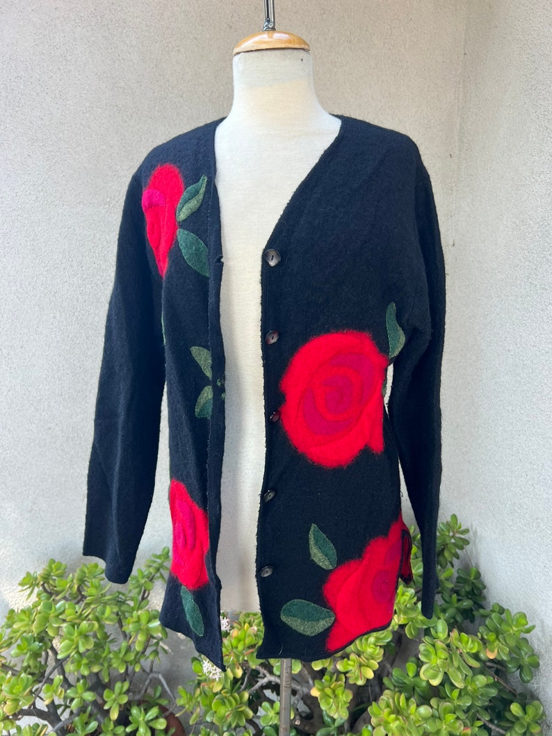 Vintage Susan Bristol boho wool cardigan black with red flowers Sz S image 8