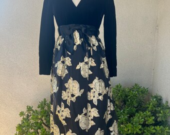 Vintage Velvet Maxi Dress: Gold Floral Chiffon Empire Waist, Sz 6