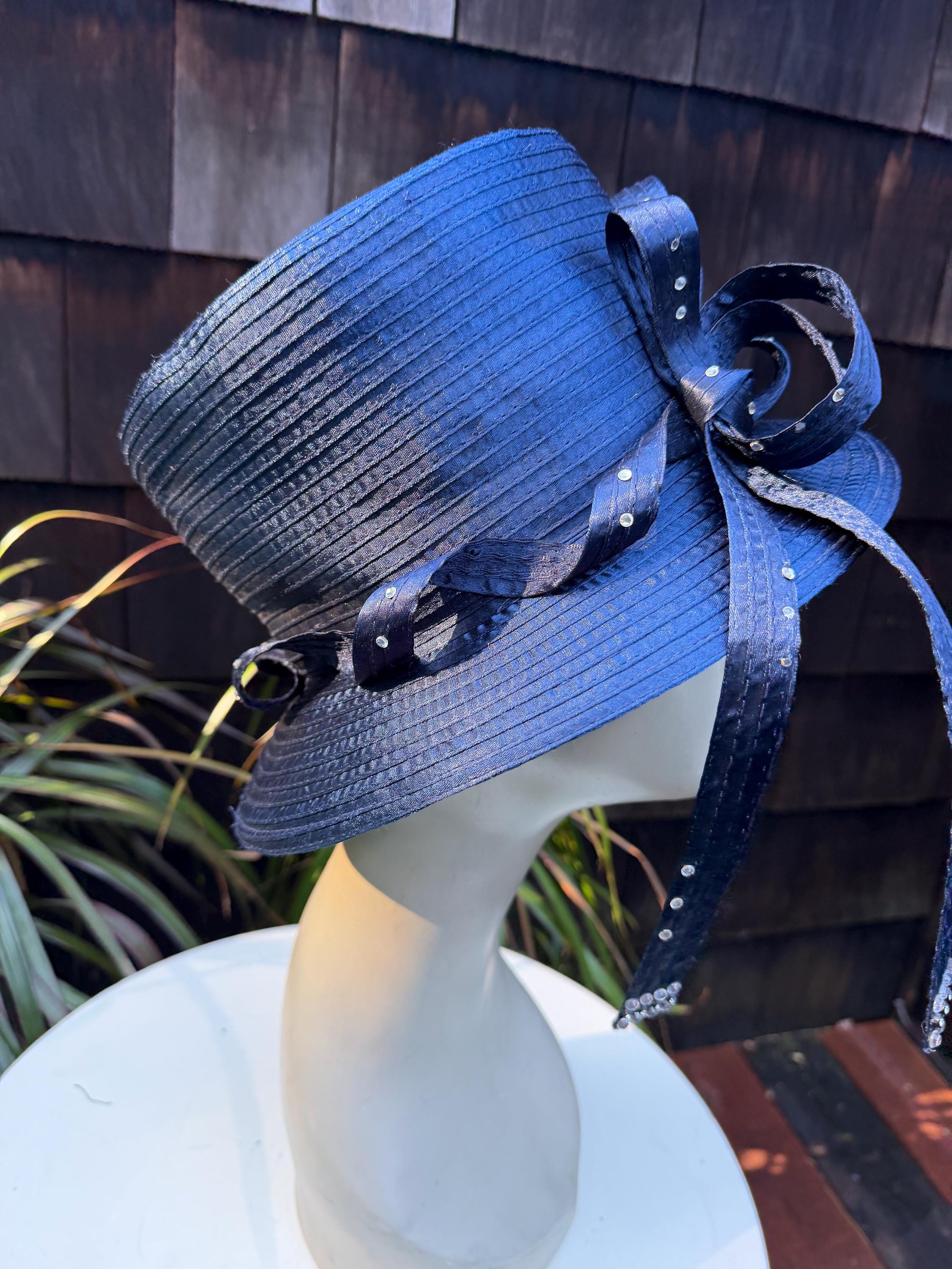 Vintage Navy Blue Brim Hat, Rhinestone Trim, Mr. Song 
