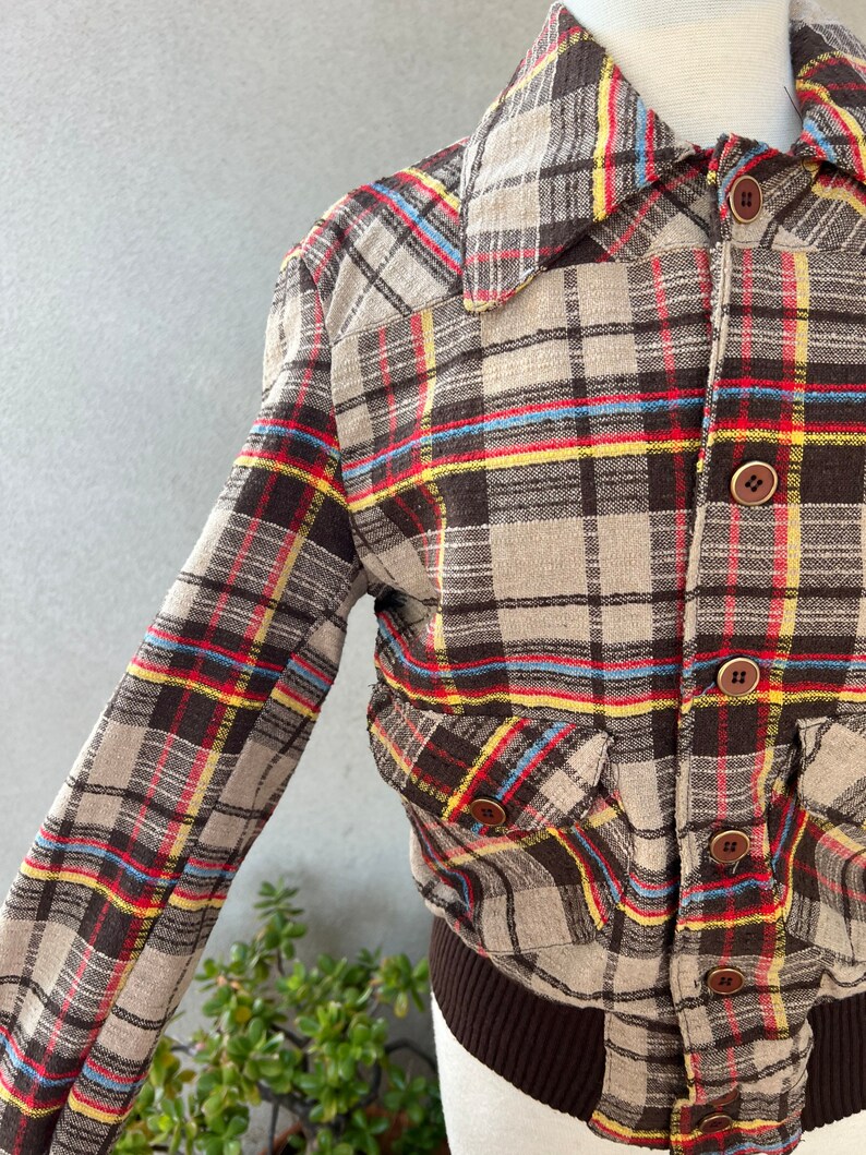 Vintage mod Mens bomber jacket knobby plaid browns fully lined Sz 40 Medium Unisex image 9