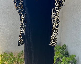 Vintage 80s bold black velvet dress gold sequins puffy sleeves Sz XS by Dave & Johnny