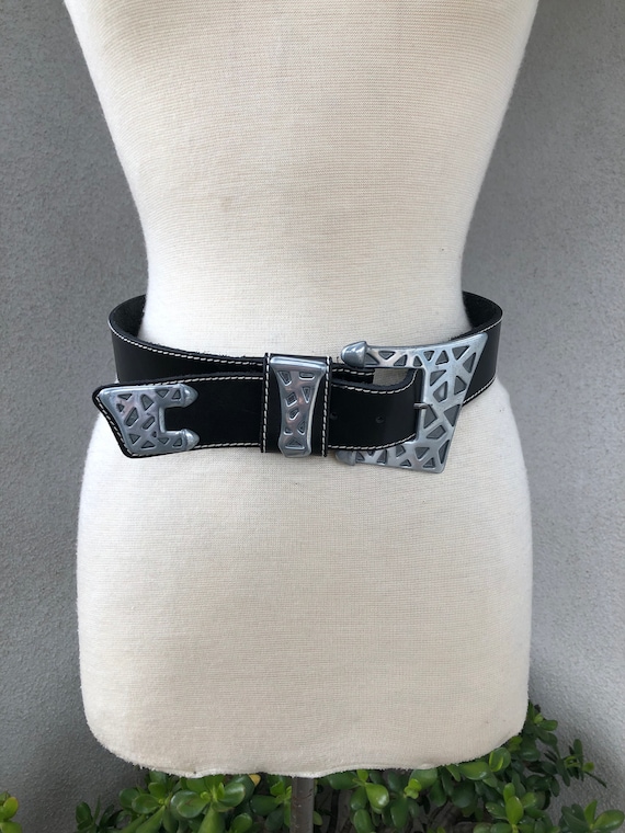 Vintage Black Belt with Bohemian Belt Buckle Western Belt Vintage Boho Black Leather GAP Studded Braided  main image 4
