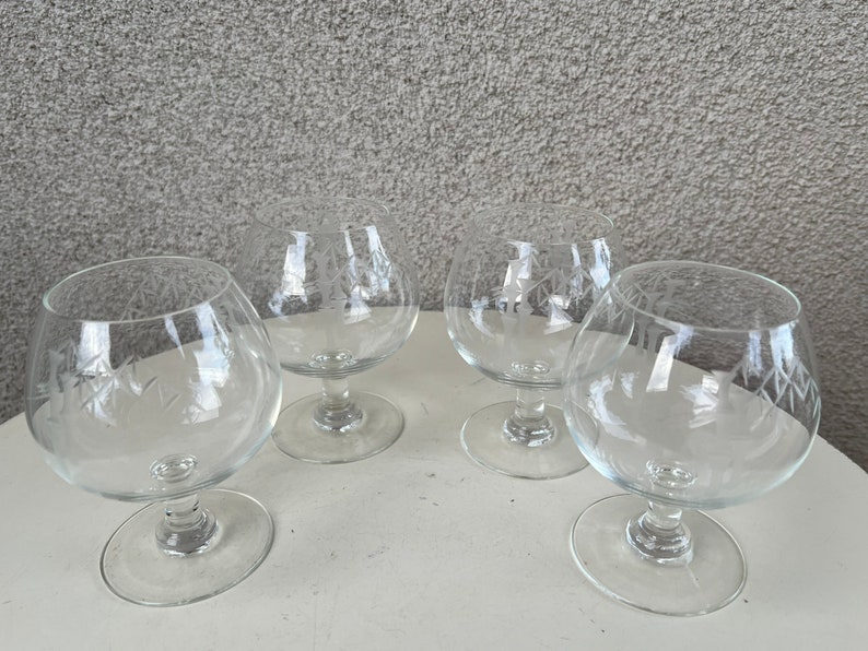 Vintage Radio Brand crystal glasses bamboo etched set4 brandy sniffer glasses holds 12 oz. image 2