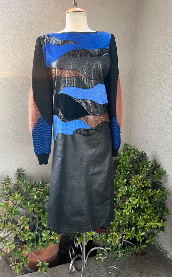 Vintage 80s Black Leather Dress: Snakeskin Accents, Knit Sleeves (S/M)