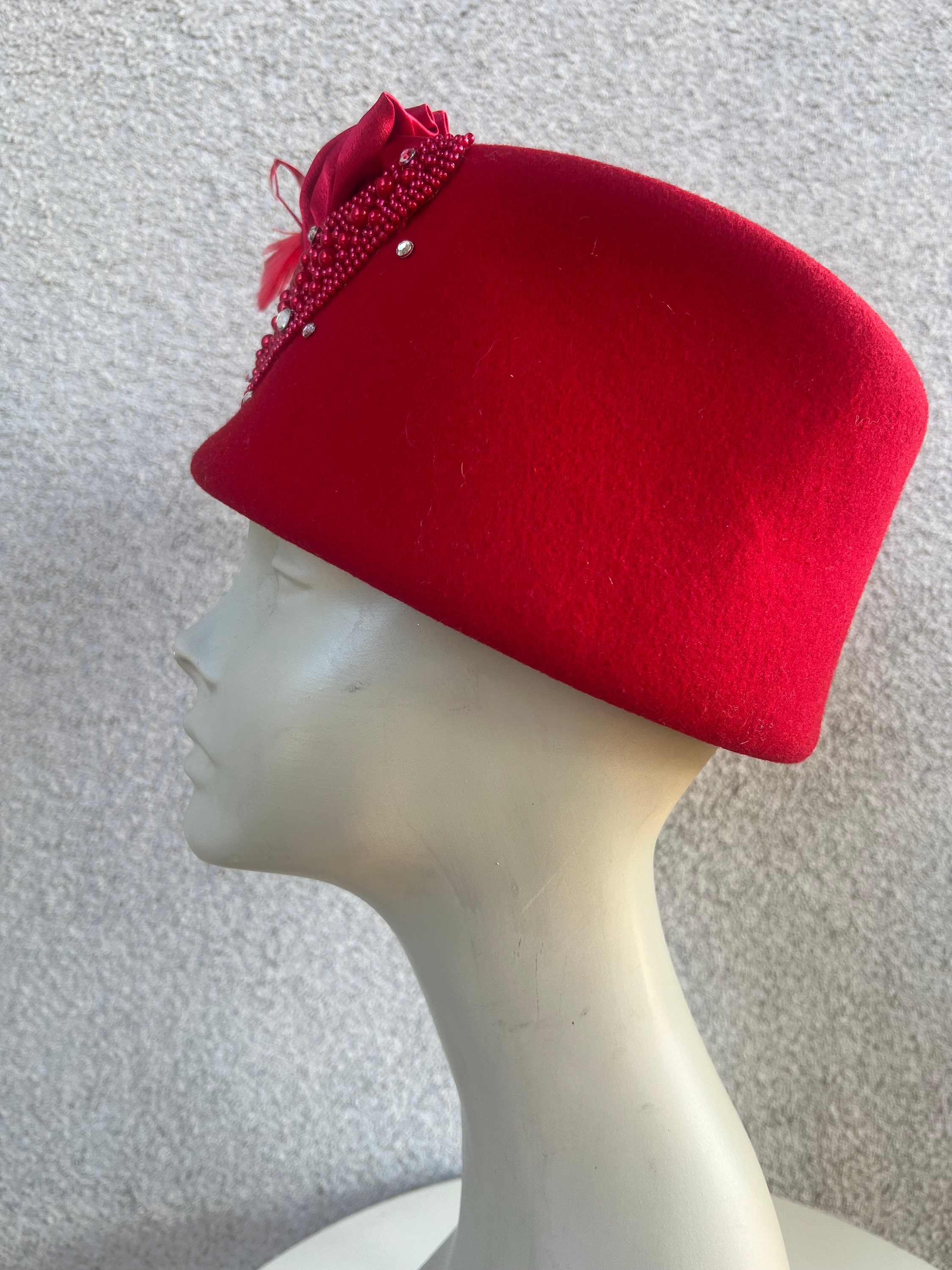 Haute History | Red Felt, Pill Box Hat ROME - Red Felt Pillbox Hat main image 3