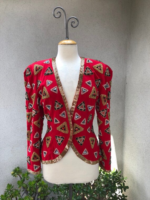 Vintage eveningwear beaded jewel jacket red lined
