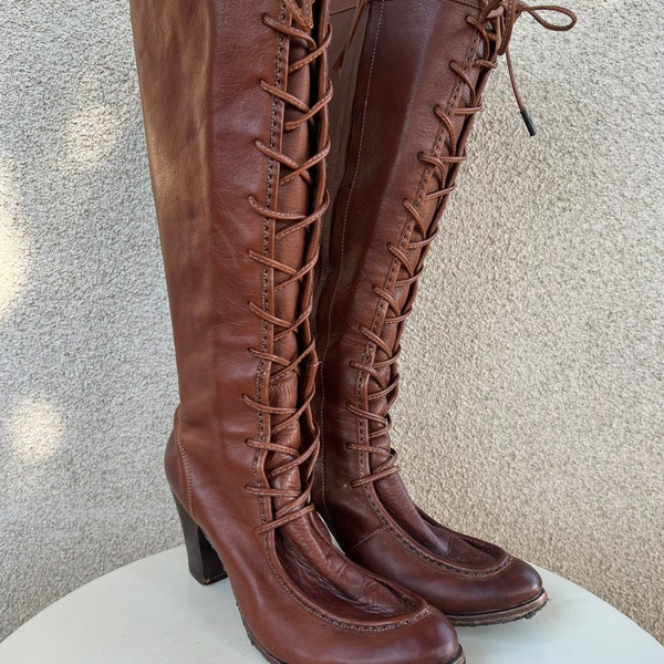 Vintage steampunk brown leather lace zipper tall heeled Frye boots mic toe Sz 10B