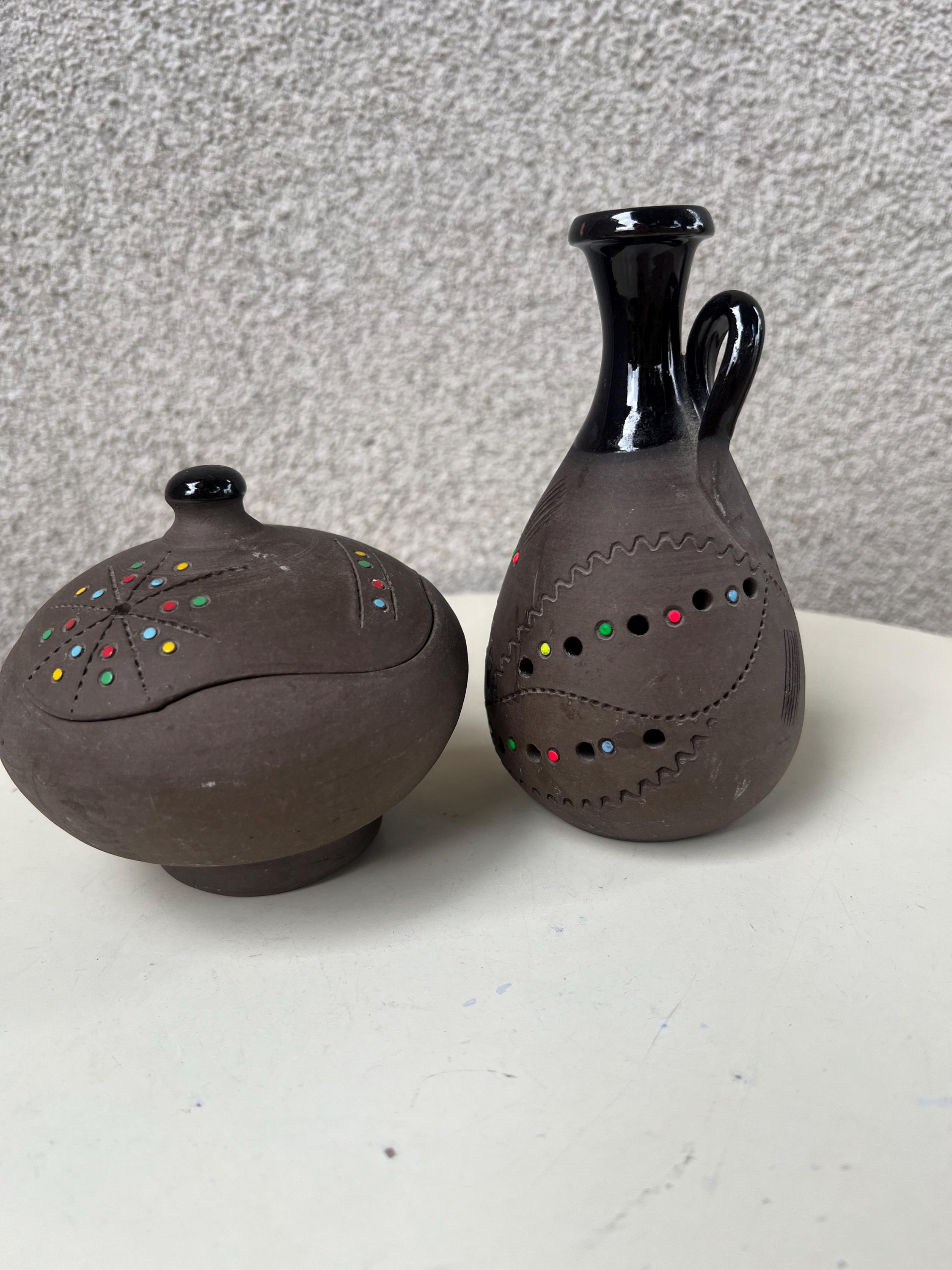 Vintage Clay Art Pottery Set Pot & Bottle Holes With Colors Design