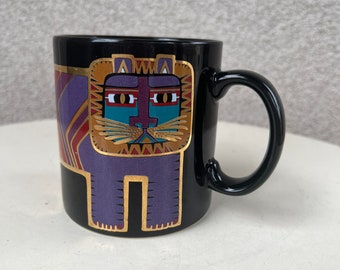 Vintage Laurel Burch black mug lion cat theme holds 10 oz.