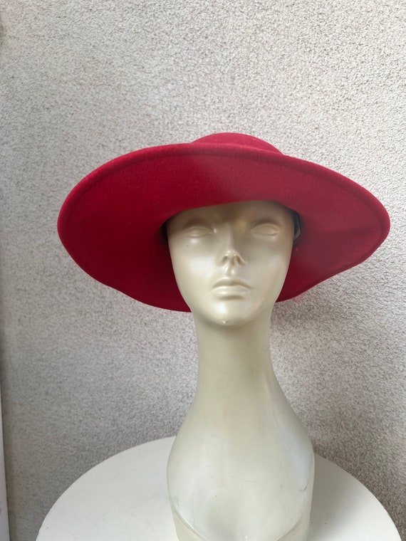 Vintage formal hat brim boater red wool felt with… - image 8