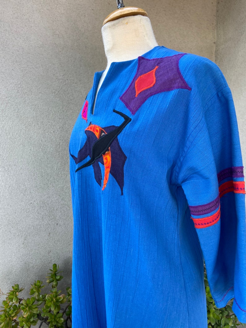 Vintage boho blue kaftan dress with appliqué accents custom made by Kirsten Helweg Large image 7