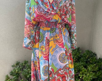 Vintage Diane Freis ruffle maxi dress Georgette chiffon multi colors Sz Medium