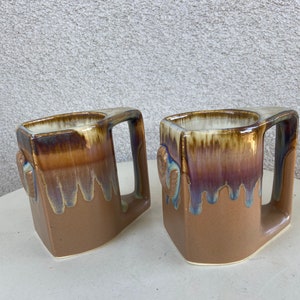 Vintage coffee mugs set 2 browns blue purple drip pottery with 3D shell theme by Padilla Mexico image 2