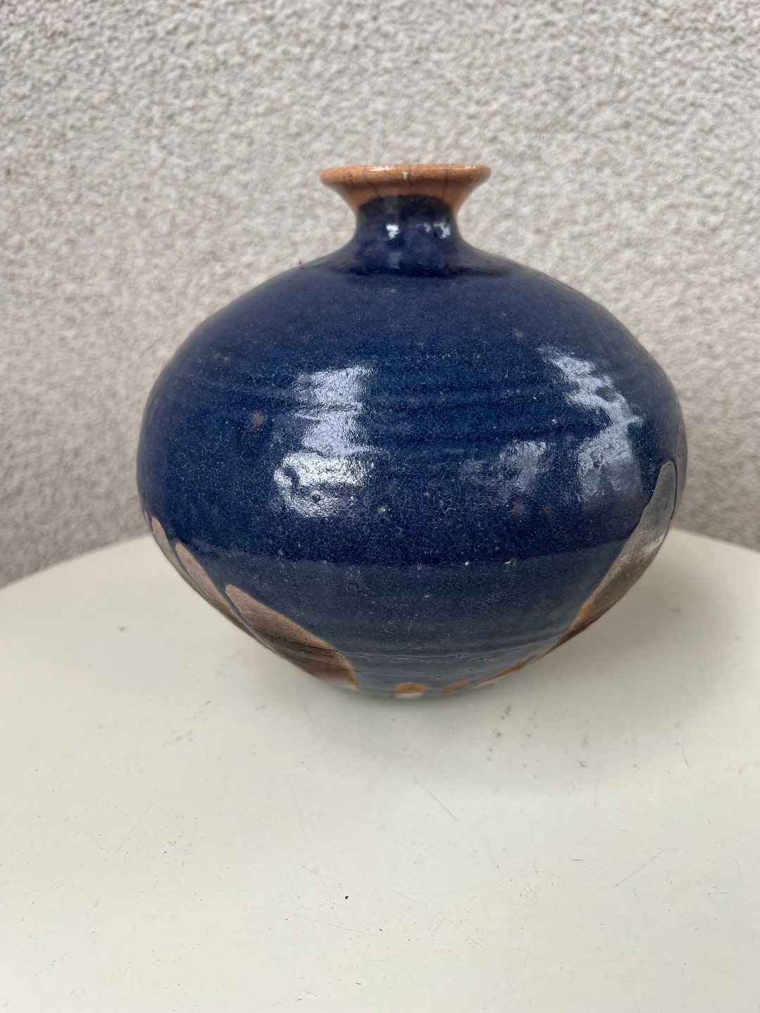 Vtg Studio Art Pottery Weed Pot Vase Blue Brown Glazes 7” X 7” - Etsy
