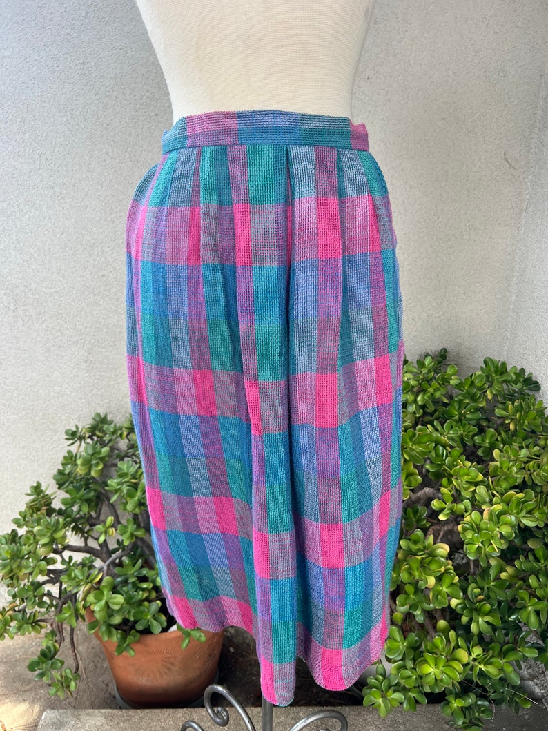 Vintage 80s skirt top set checkers green blue pink woven cotton Sz M Jo Hardin Dallas image 7
