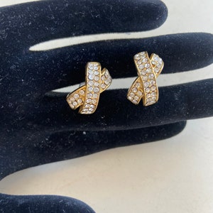 Vintage elegant Gold tone clear rhinestones X style earrings pierced 3/4 x 1/4 image 8