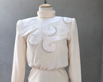 Sale vtg evening cream top blouse  silk beaded pad shoulders sz 4 by Gala Julie Francis