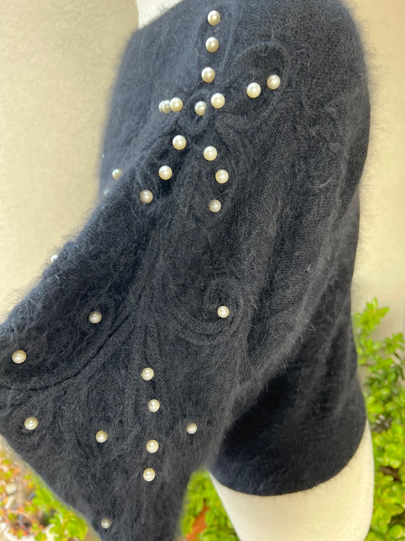 Vintage glam black angora wool pullover textured sweater with pearls embellishments S/M by Jessica California image 10