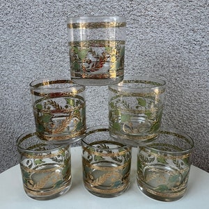 Vintage MCM Culver rock tumbler glasses set 6 grapevine leaves green & blue gold rims barware image 1