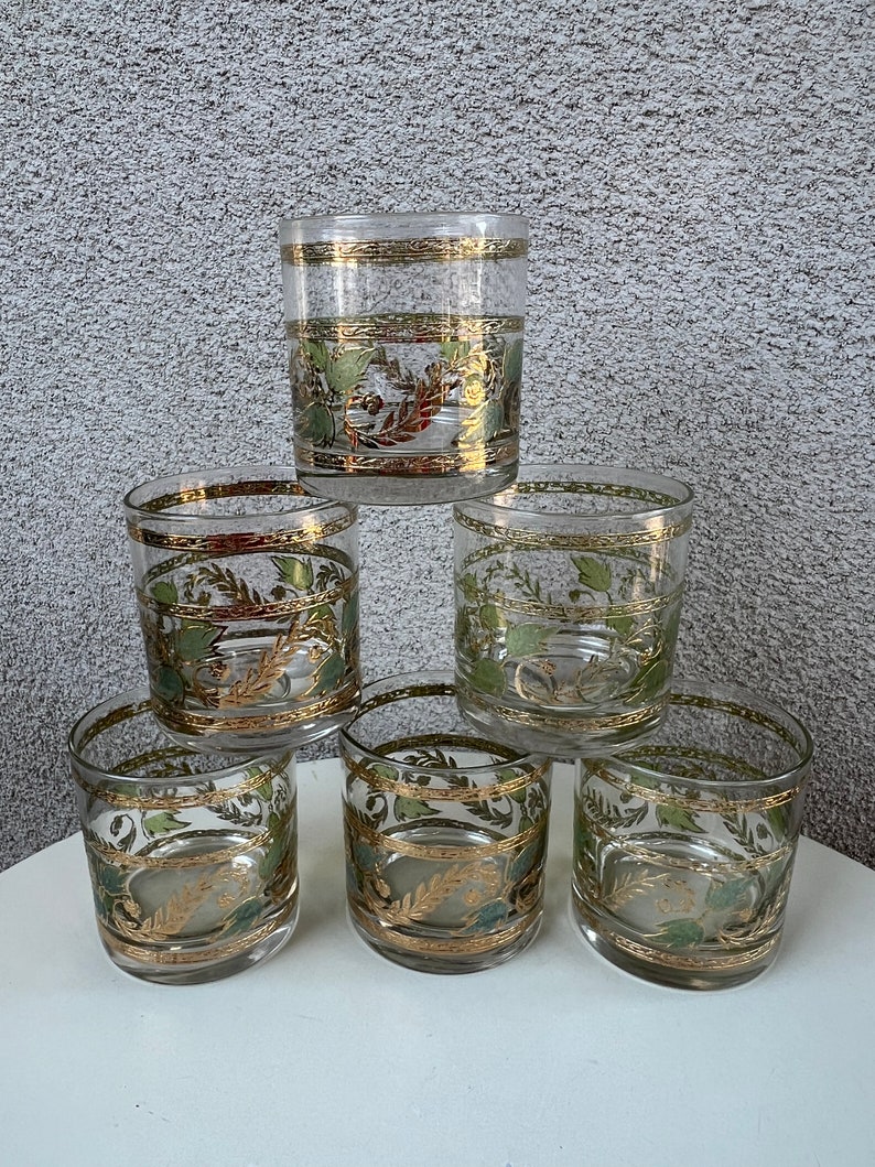 Vintage MCM Culver rock tumbler glasses set 6 grapevine leaves green & blue gold rims barware image 1