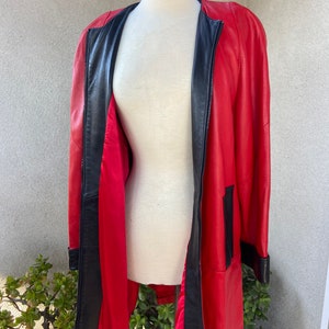 Vintage 80s color block red black soft leather swing coat lined zipper pockets front Sz M by Helen Frushtick Furs Atlanta image 4