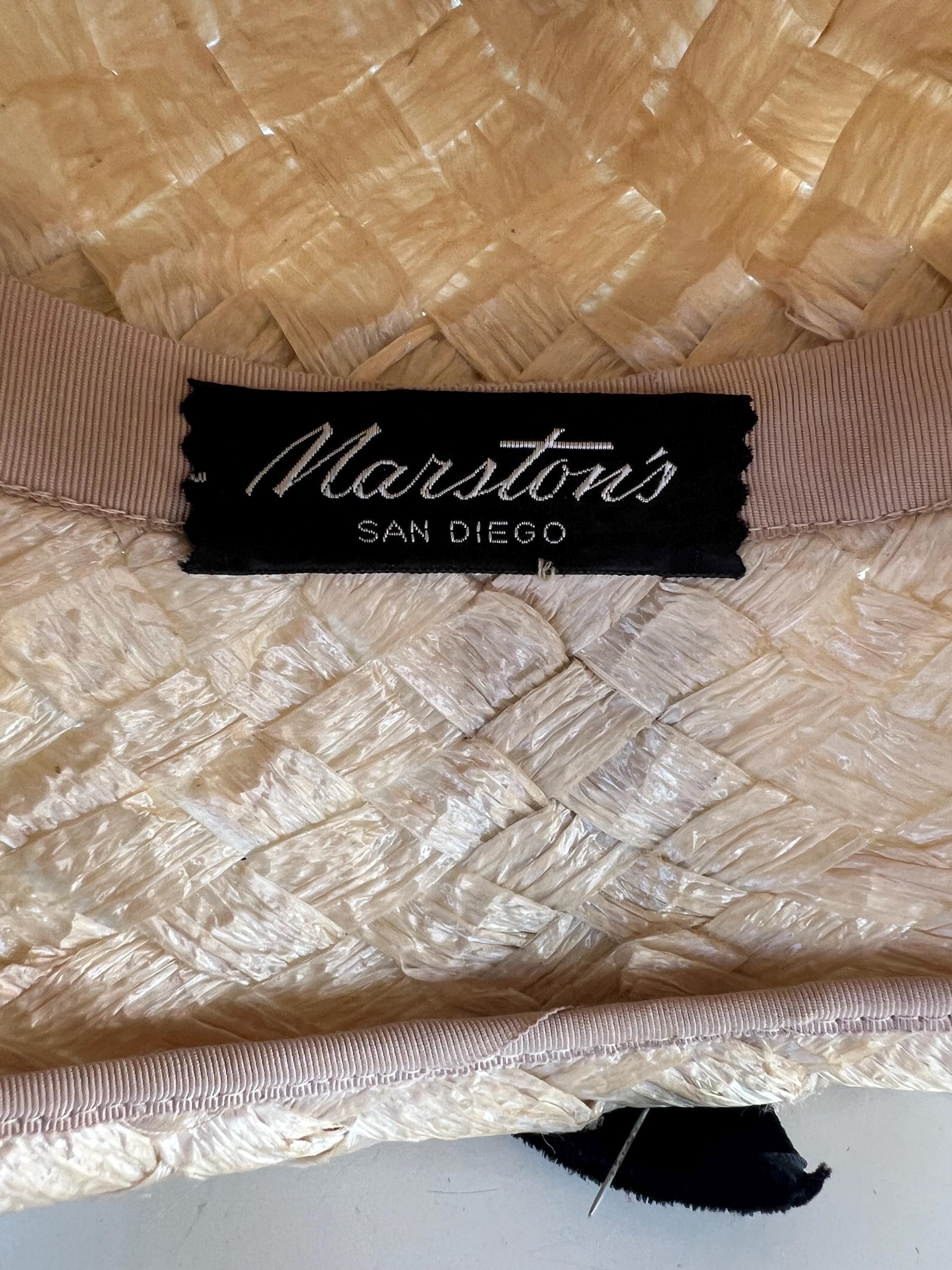 Vintage bucket ivory faux straw hat black velvet netting band size 20 Marston’s Floppy Brim Hat in Black Velvet - The Derby wide brim Cloche  main image 4