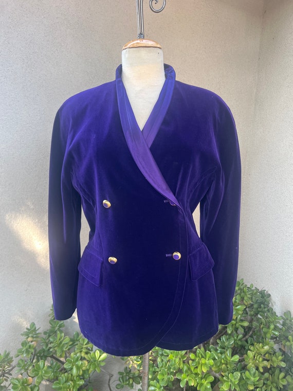 Escada, Vintage 90s Escada Velvet Blazer: Purple Double Breasted Jacket (Size 38 S)