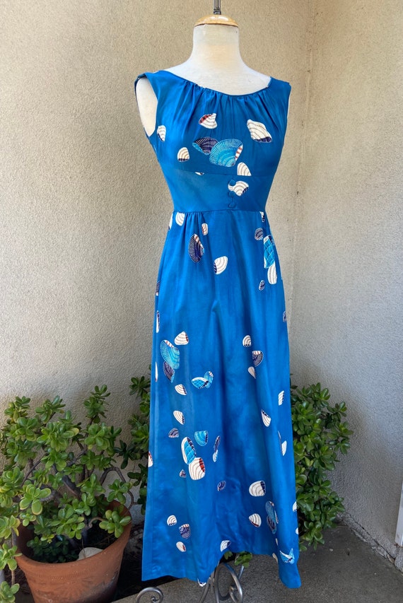 Vintage Hawaiian maxi dress brush Cotton blue sea… - image 1