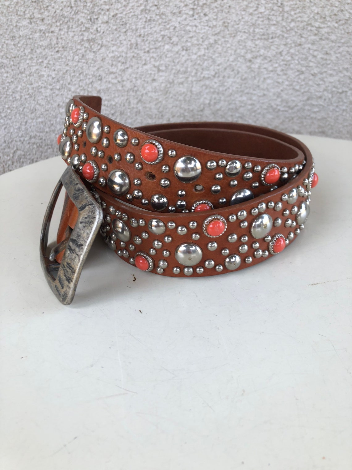 Vintage rocker glam leather belt silver and orange studs | Etsy