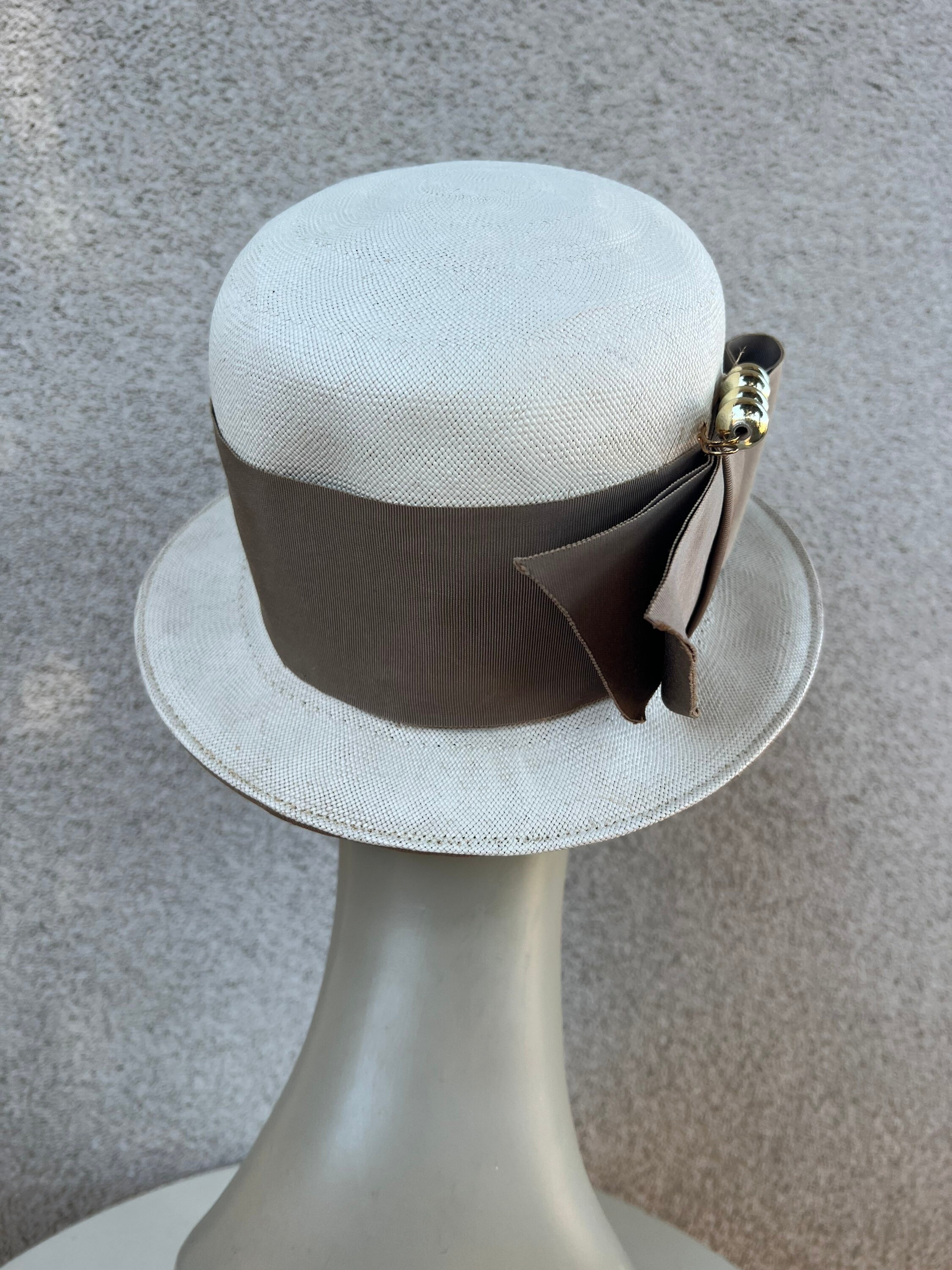 Vintage White Straw Bowler Hat: Taupe Grosgrain Ribbon, Hat 