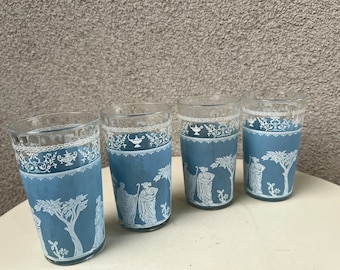 Vintage set 4 tumbler glasses Grecian blue theme by Jeannette glassware. Holds 10 oz size 5”